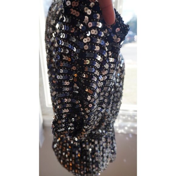 Prima Black Sequin Long Sleeve V-Neck Top With Scalloped Hem - Size M - Picture 5 of 8